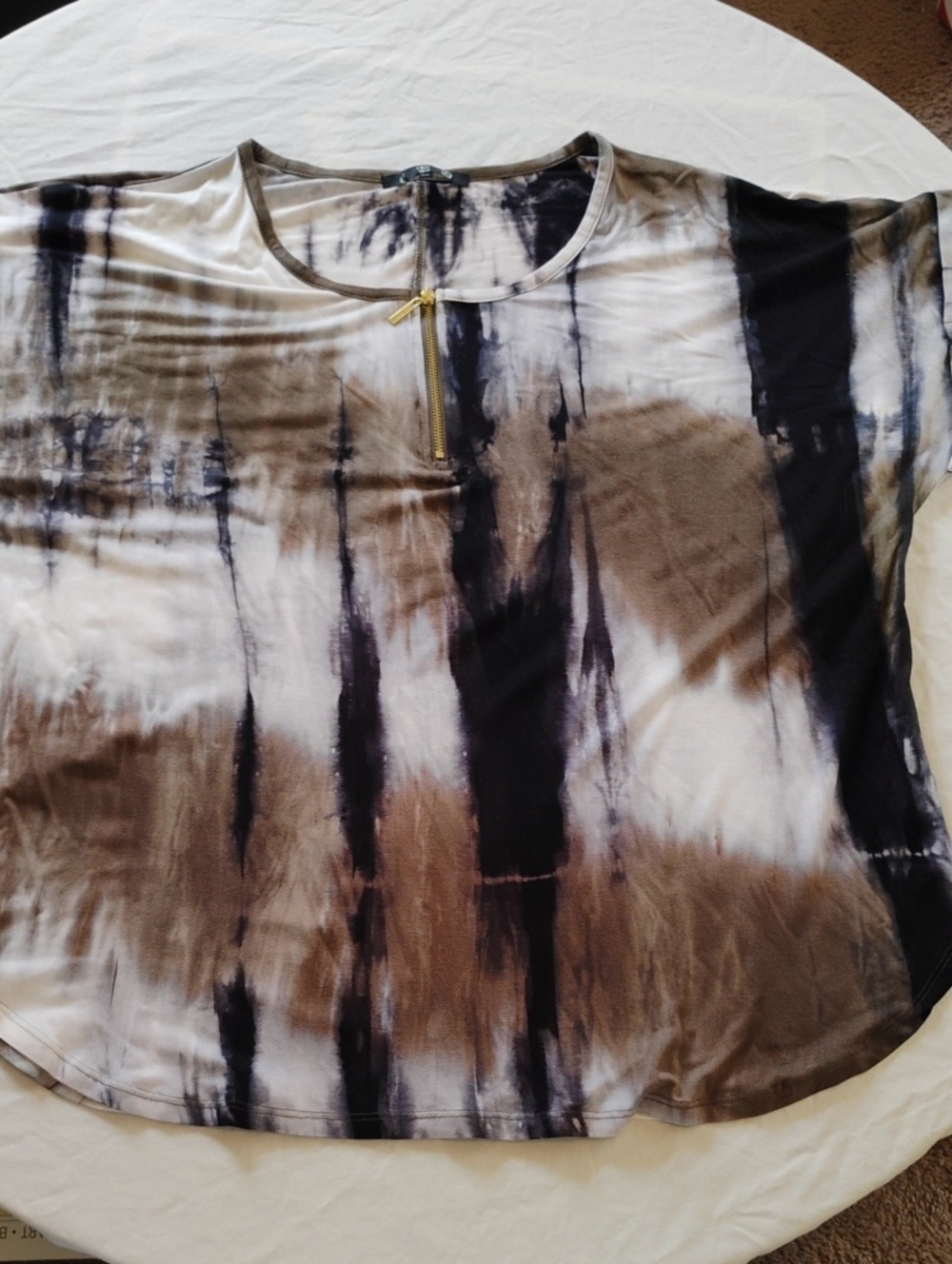 Tie-Dye Short Sleeve Top with Zip Accent - Brown/Black/White Sz 2X